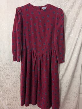 Vintage 90s Pinot Noir Burgundy Corduroy Drop Waist Midi Dress L Floral Cotton